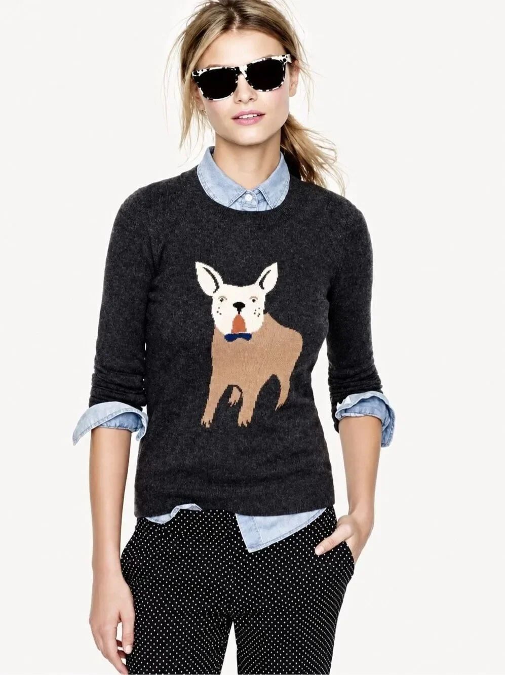 J.Crew French Bulldog Intarsia cashmere , rabbit hair, Wool blend Crewneck Swea